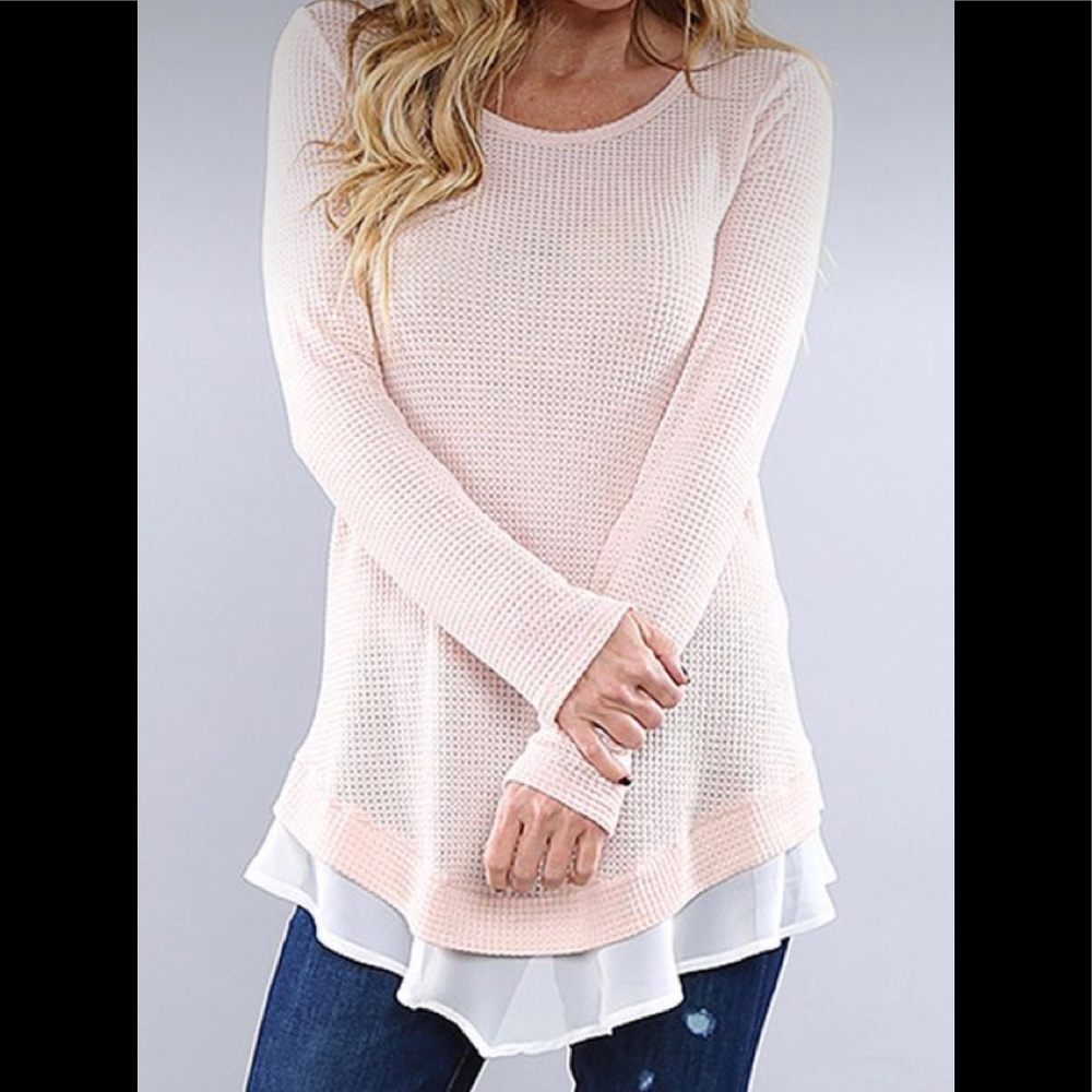 Coco and Main Blush Waffle Chiffon-Trim Tunic Large